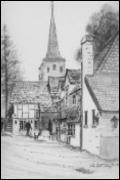 Pencil drawing of the Six Bells public house in the Nineteenth Century, with St Bartholomenw's visable in the background