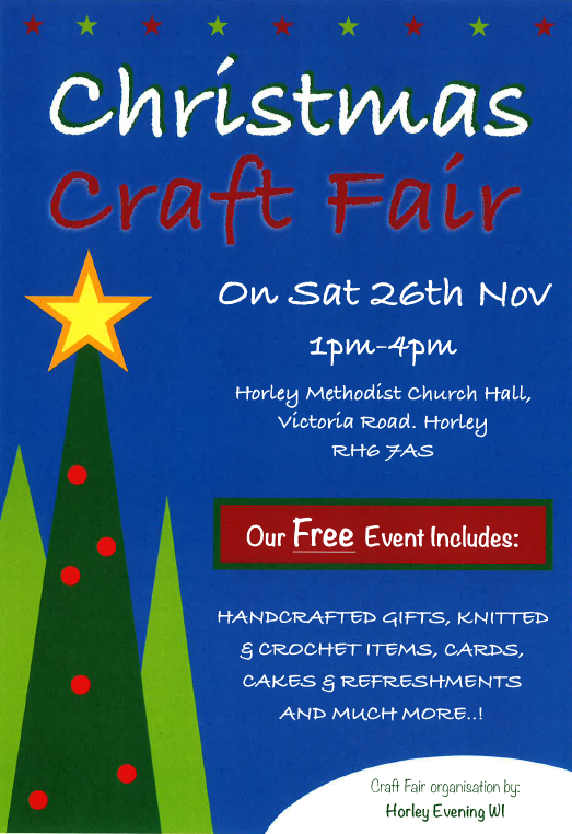 Christmas Craft Fair Poster on saturday 26th November 1pm-4pm Horley Methodist Church hall