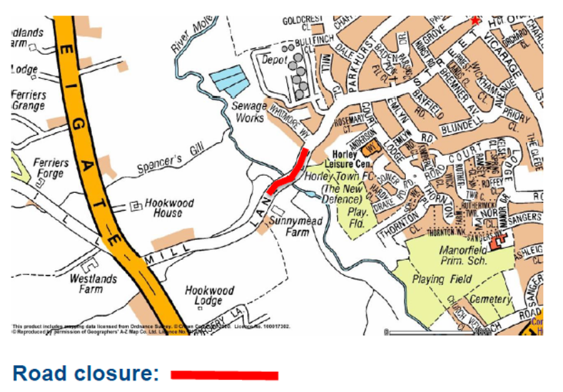 Map showing Road CLosure at Lee Street Mill Lane