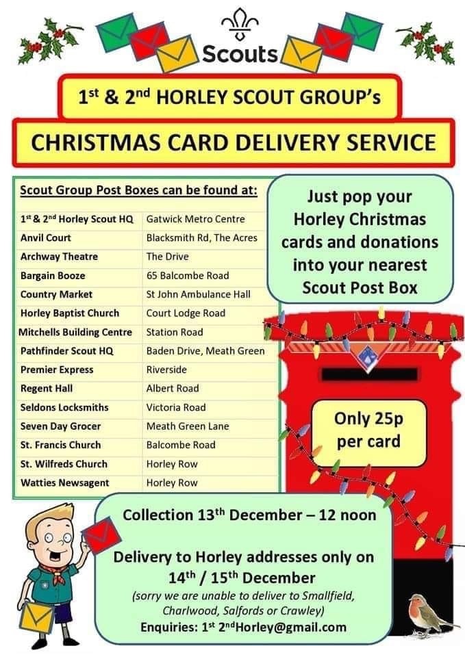 A poster advertising 1st and 2nd Horley Scout's Christmas card delivery service