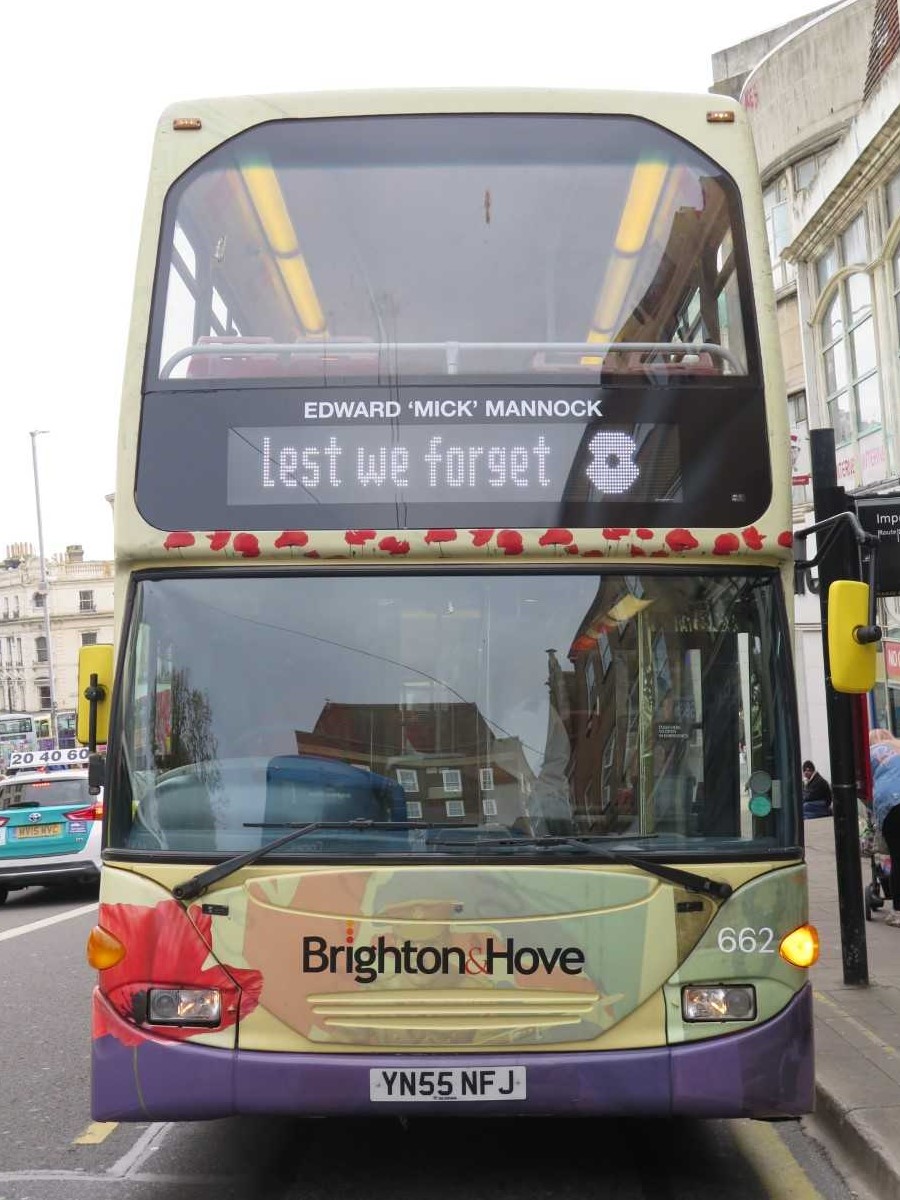 A photo of a bus decorated with pictures of poppies.