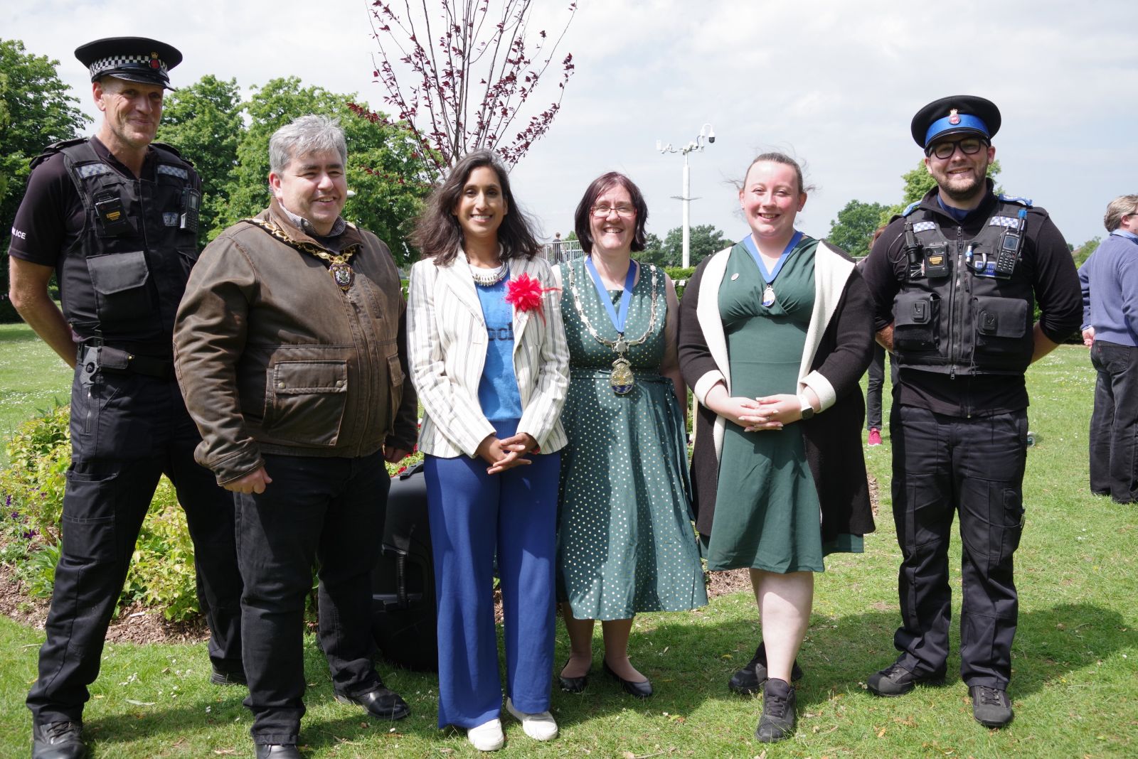 Left to right: Surrey Police Officer, Councillor Frank Kelly, MP Claire Coutinho, Councillor Samantha Marshall, Councillor Hannah Avery, Surrey Police Officer